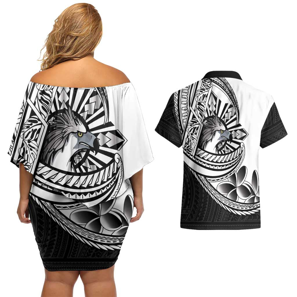 Philippines Eagle Sun Couples Matching Off Shoulder Short Dress and Hawaiian Shirt Filipino Agila Polynesian Tattoo Black Color