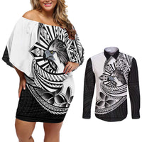 Philippines Eagle Sun Couples Matching Off Shoulder Short Dress and Long Sleeve Button Shirt Filipino Agila Polynesian Tattoo Black Color
