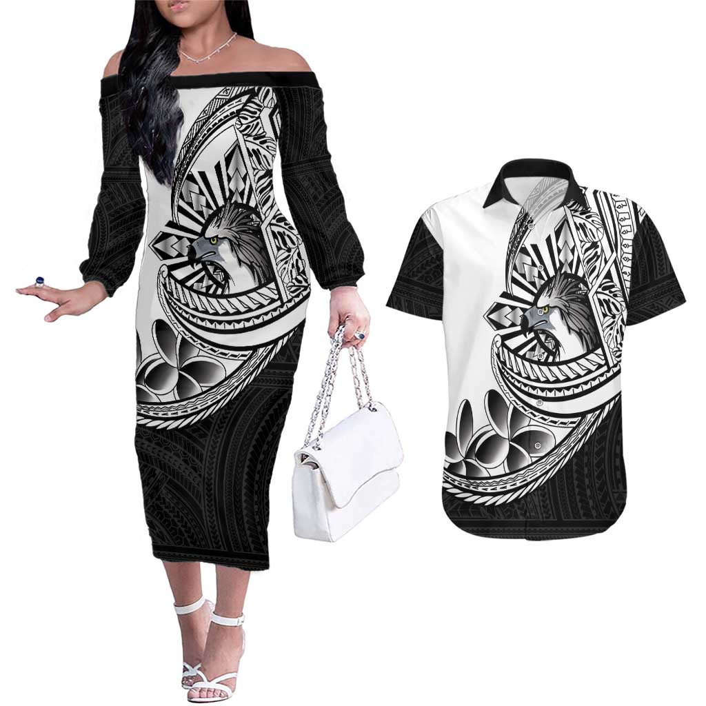 Philippines Eagle Sun Couples Matching Off The Shoulder Long Sleeve Dress and Hawaiian Shirt Filipino Agila Polynesian Tattoo Black Color