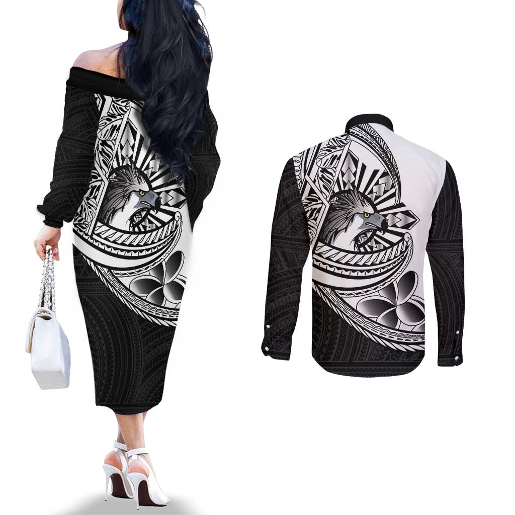 Philippines Eagle Sun Couples Matching Off The Shoulder Long Sleeve Dress and Long Sleeve Button Shirt Filipino Agila Polynesian Tattoo Black Color