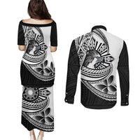 Philippines Eagle Sun Couples Matching Puletasi and Long Sleeve Button Shirt Filipino Agila Polynesian Tattoo Black Color