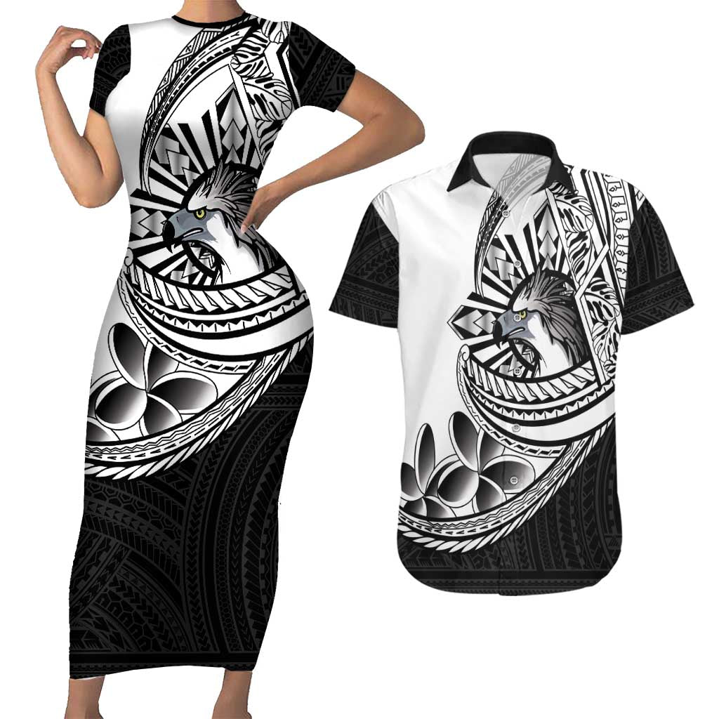 Philippines Eagle Sun Couples Matching Short Sleeve Bodycon Dress and Hawaiian Shirt Filipino Agila Polynesian Tattoo Black Color