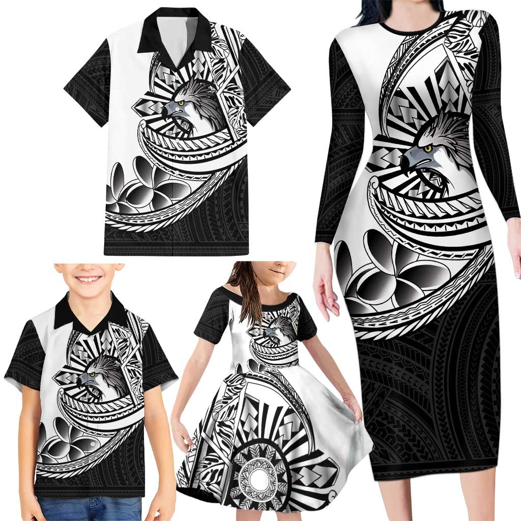 Philippines Eagle Sun Family Matching Long Sleeve Bodycon Dress and Hawaiian Shirt Filipino Agila Polynesian Tattoo Black Color