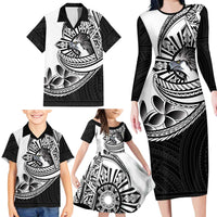 Philippines Eagle Sun Family Matching Long Sleeve Bodycon Dress and Hawaiian Shirt Filipino Agila Polynesian Tattoo Black Color