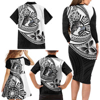 Philippines Eagle Sun Family Matching Long Sleeve Bodycon Dress and Hawaiian Shirt Filipino Agila Polynesian Tattoo Black Color