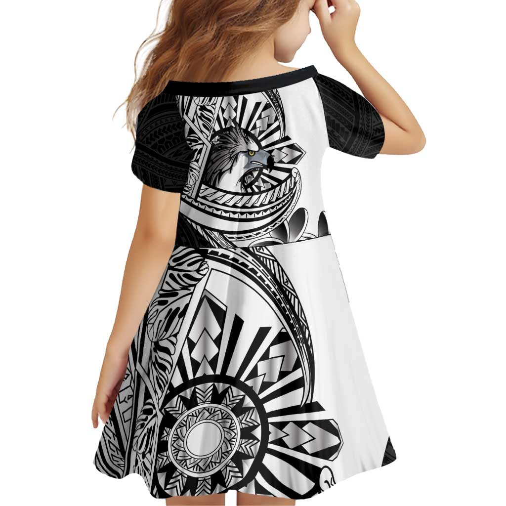 Philippines Eagle Sun Family Matching Off The Shoulder Long Sleeve Dress and Hawaiian Shirt Filipino Agila Polynesian Tattoo Black Color