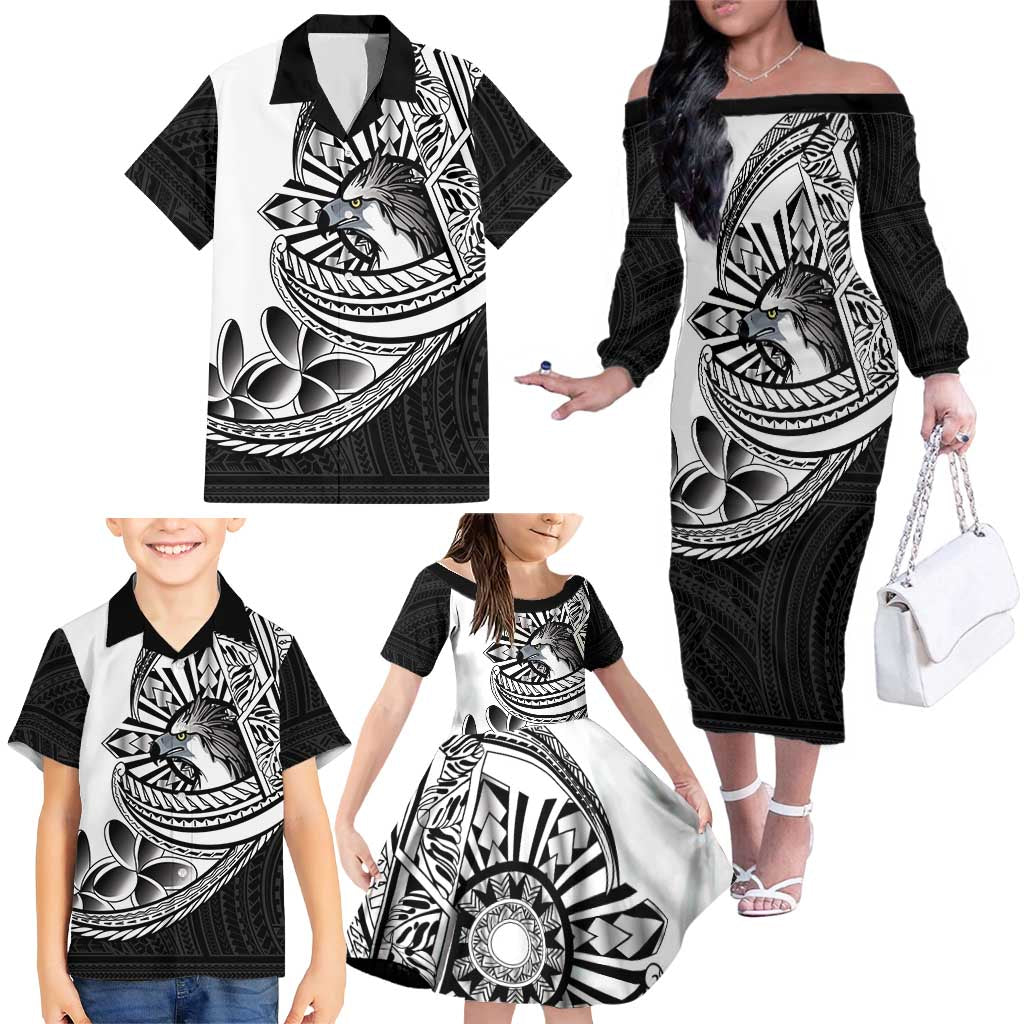 Philippines Eagle Sun Family Matching Off The Shoulder Long Sleeve Dress and Hawaiian Shirt Filipino Agila Polynesian Tattoo Black Color