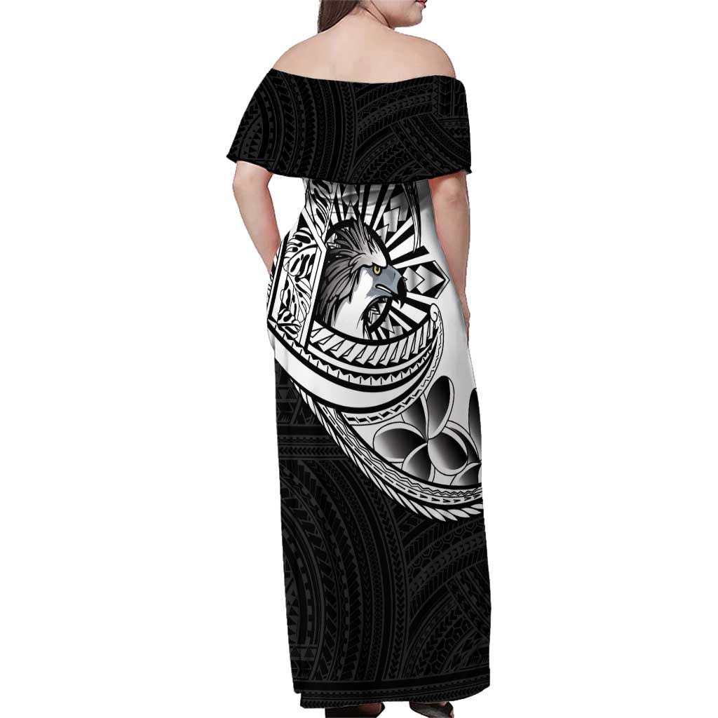 Philippines Eagle Sun Family Matching Off Shoulder Maxi Dress and Hawaiian Shirt Filipino Agila Polynesian Tattoo Black Color