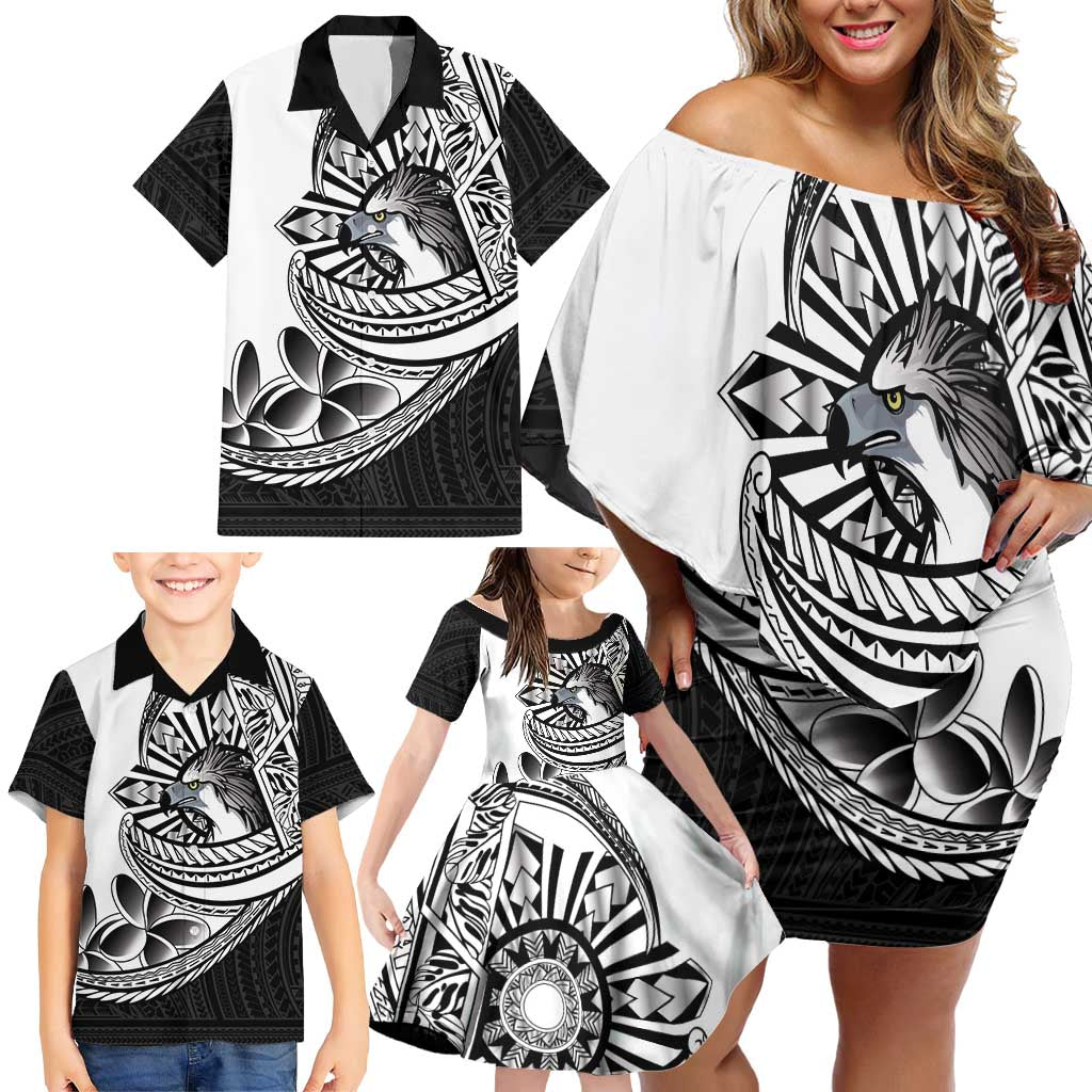Philippines Eagle Sun Family Matching Off Shoulder Short Dress and Hawaiian Shirt Filipino Agila Polynesian Tattoo Black Color