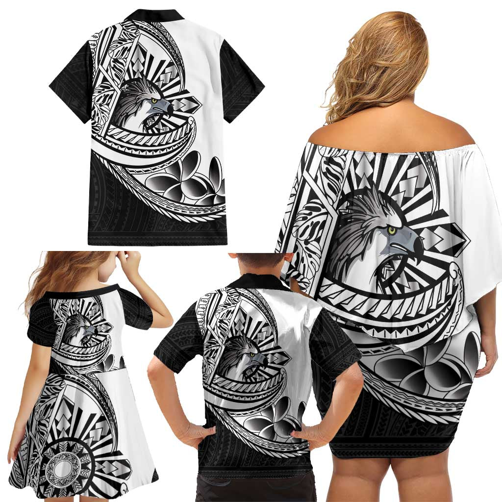 Philippines Eagle Sun Family Matching Off Shoulder Short Dress and Hawaiian Shirt Filipino Agila Polynesian Tattoo Black Color