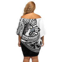 Philippines Eagle Sun Family Matching Off Shoulder Short Dress and Hawaiian Shirt Filipino Agila Polynesian Tattoo Black Color