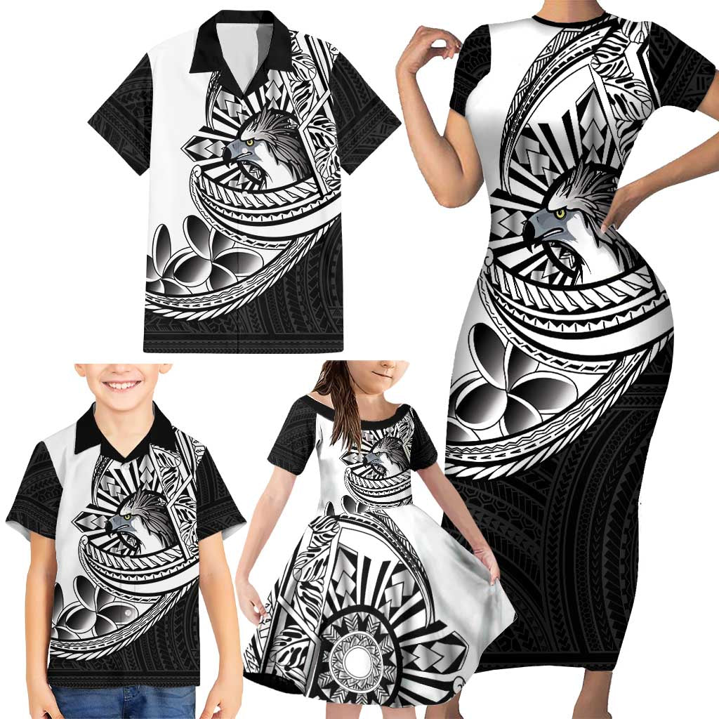 Philippines Eagle Sun Family Matching Short Sleeve Bodycon Dress and Hawaiian Shirt Filipino Agila Polynesian Tattoo Black Color
