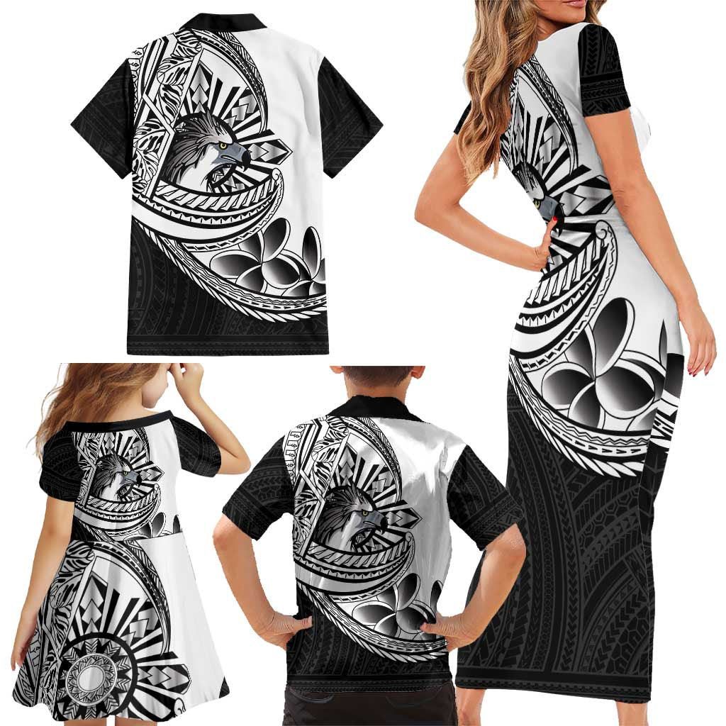 Philippines Eagle Sun Family Matching Short Sleeve Bodycon Dress and Hawaiian Shirt Filipino Agila Polynesian Tattoo Black Color