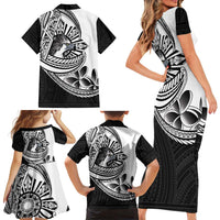 Philippines Eagle Sun Family Matching Short Sleeve Bodycon Dress and Hawaiian Shirt Filipino Agila Polynesian Tattoo Black Color