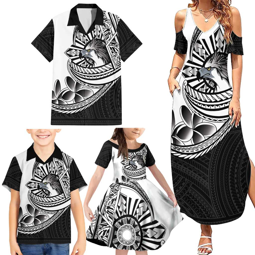 Philippines Eagle Sun Family Matching Summer Maxi Dress and Hawaiian Shirt Filipino Agila Polynesian Tattoo Black Color