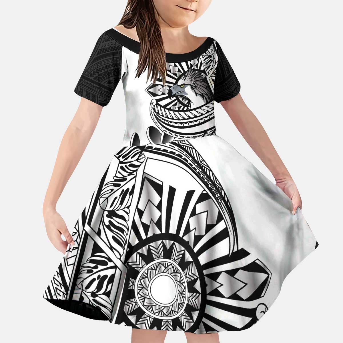 Philippines Eagle Sun Kid Short Sleeve Dress Filipino Agila Polynesian Tattoo Black Color