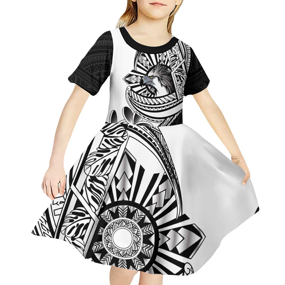 Philippines Eagle Sun Kid Short Sleeve Dress Filipino Agila Polynesian Tattoo Black Color