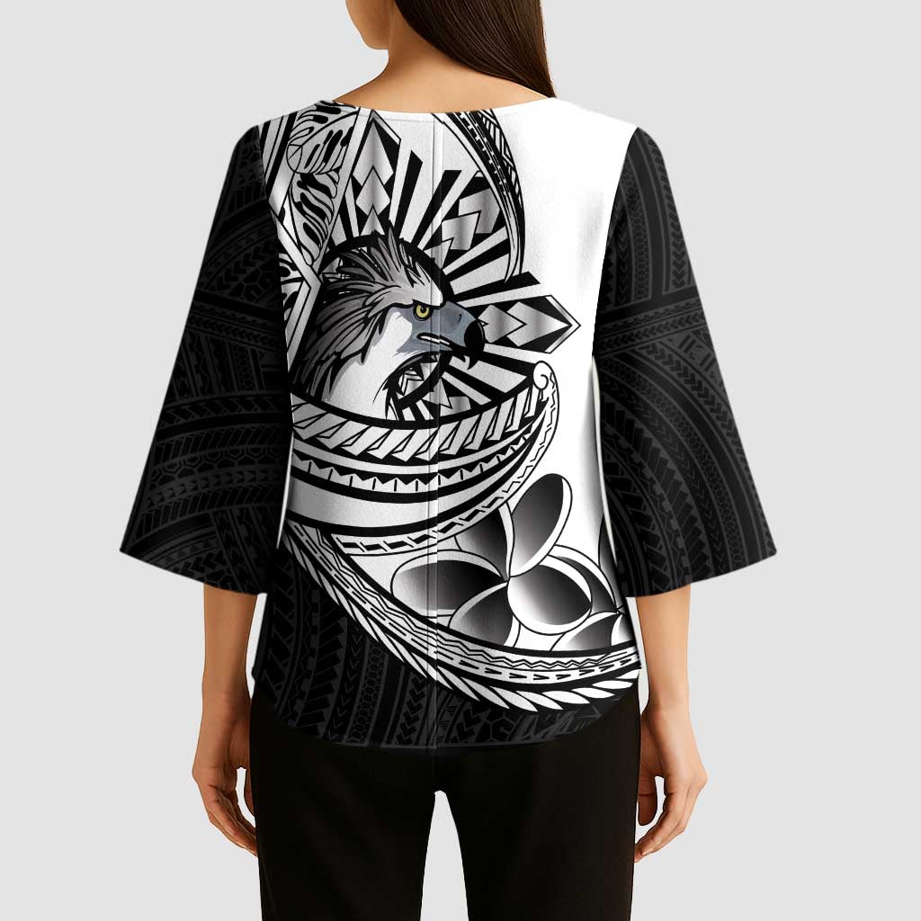 Philippines Eagle Sun Kimono Sleeve Blouse Filipino Agila Polynesian Tattoo Black Color