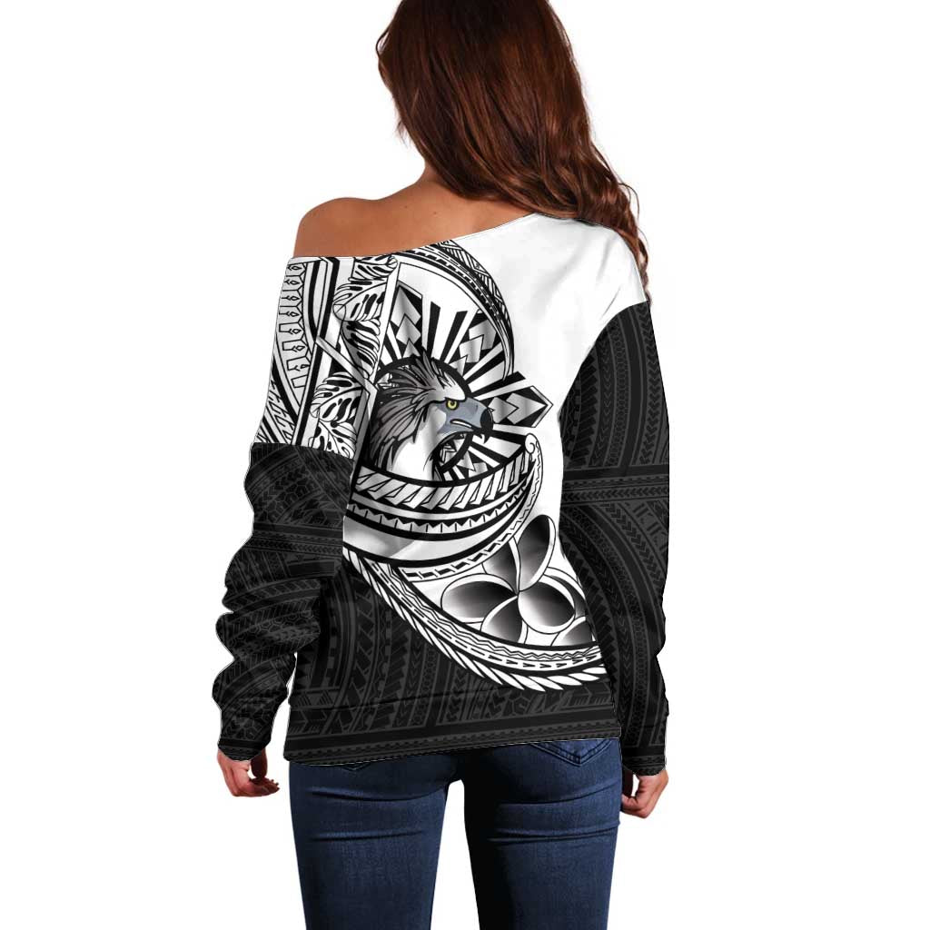 Philippines Eagle Sun Off Shoulder Sweater Filipino Agila Polynesian Tattoo Black Color