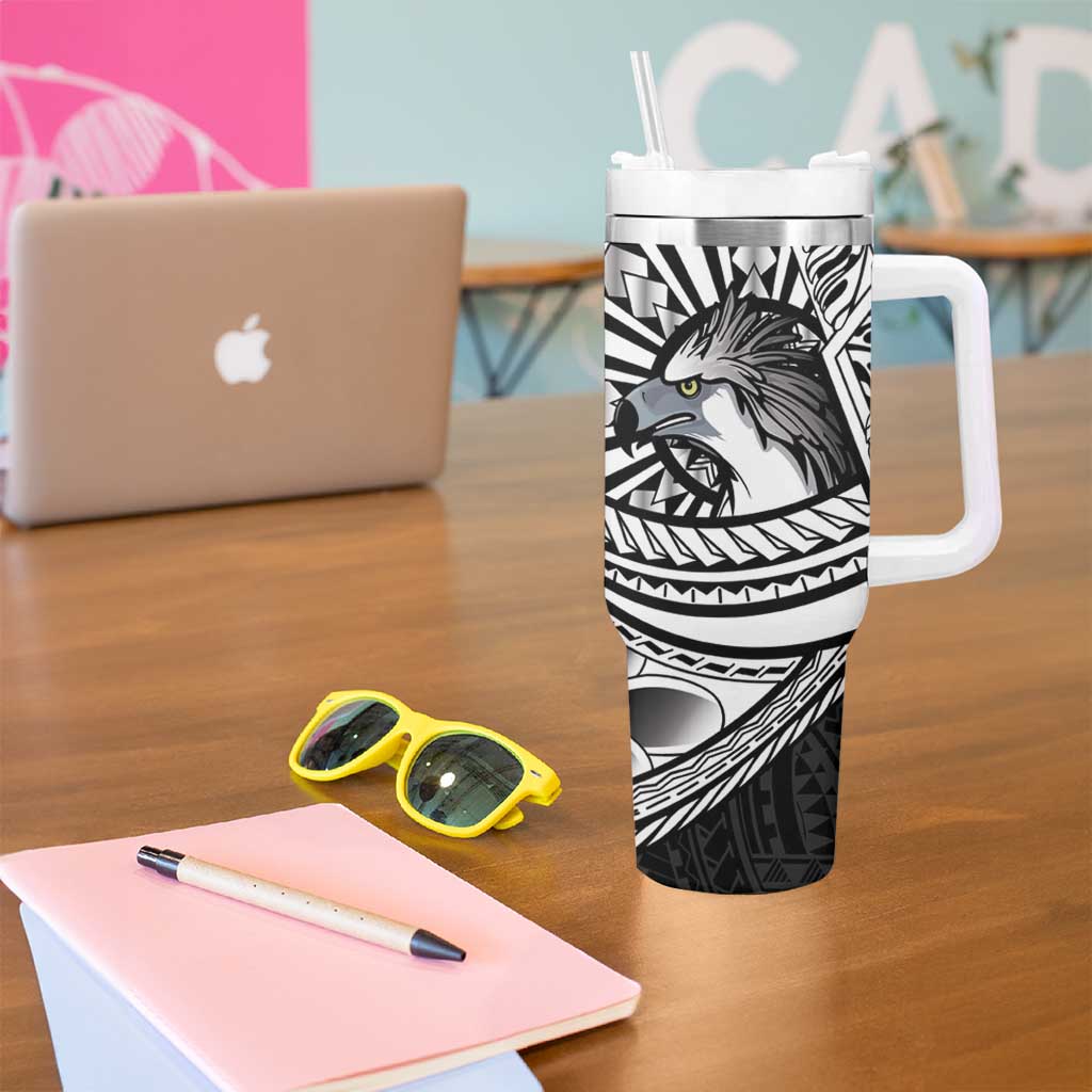 Philippines Eagle Sun Tumbler With Handle Filipino Agila Polynesian Tattoo Black Color