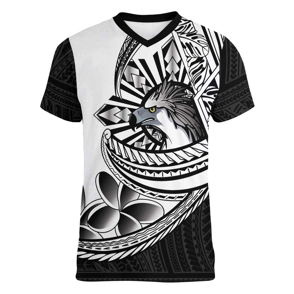 Philippines Eagle Sun Women V-Neck T-Shirt Filipino Agila Polynesian Tattoo Black Color