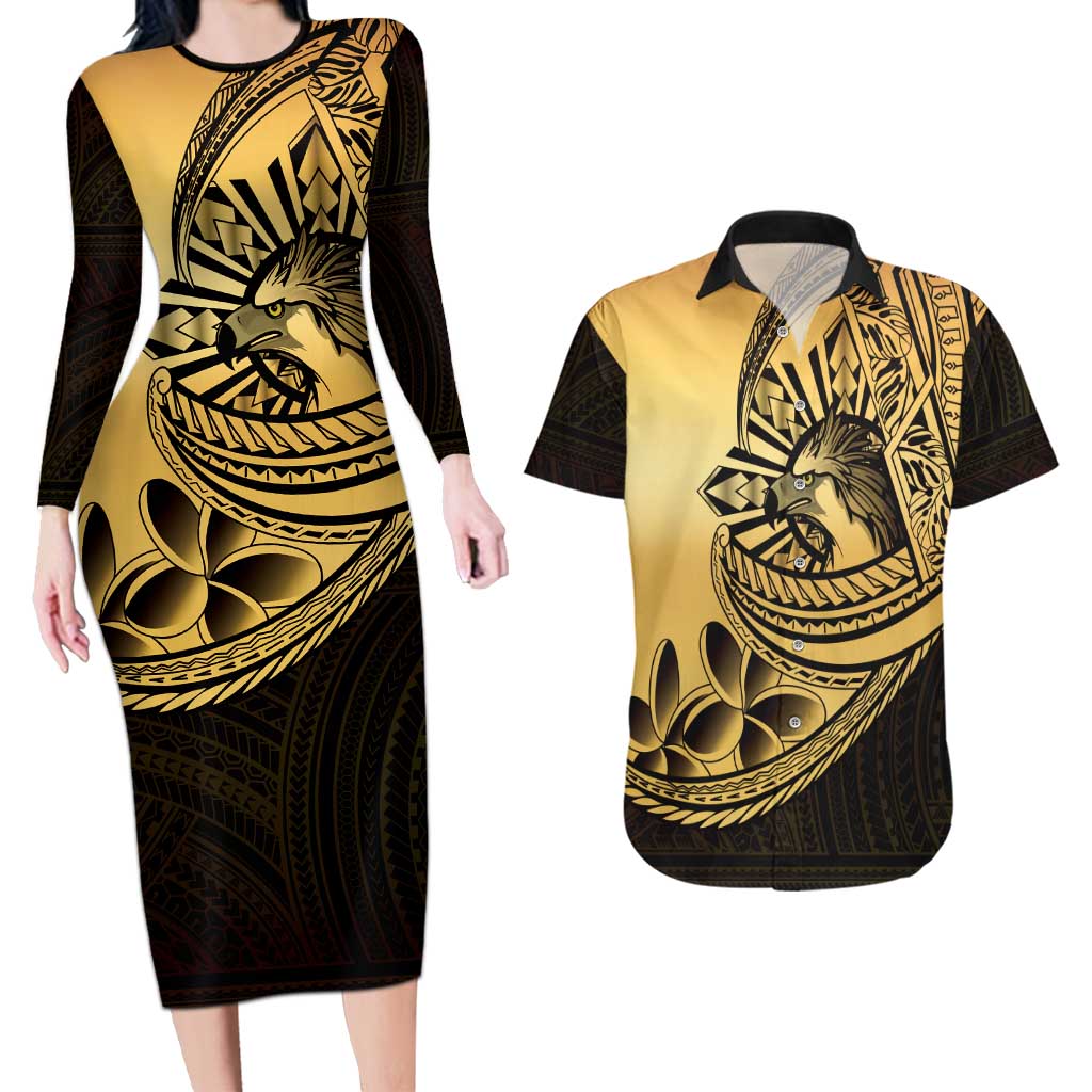 Philippines Eagle Sun Couples Matching Long Sleeve Bodycon Dress and Hawaiian Shirt Filipino Agila Polynesian Tattoo Gold Color LT14 Gold - Polynesian Pride
