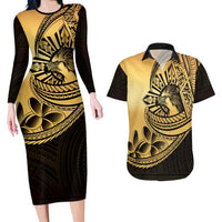Philippines Eagle Sun Couples Matching Long Sleeve Bodycon Dress and Hawaiian Shirt Filipino Agila Polynesian Tattoo Gold Color LT14 Gold - Polynesian Pride