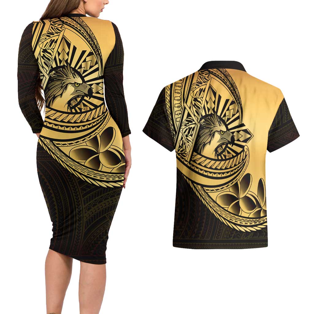 Philippines Eagle Sun Couples Matching Long Sleeve Bodycon Dress and Hawaiian Shirt Filipino Agila Polynesian Tattoo Gold Color LT14 - Polynesian Pride