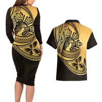 Philippines Eagle Sun Couples Matching Long Sleeve Bodycon Dress and Hawaiian Shirt Filipino Agila Polynesian Tattoo Gold Color LT14 - Polynesian Pride