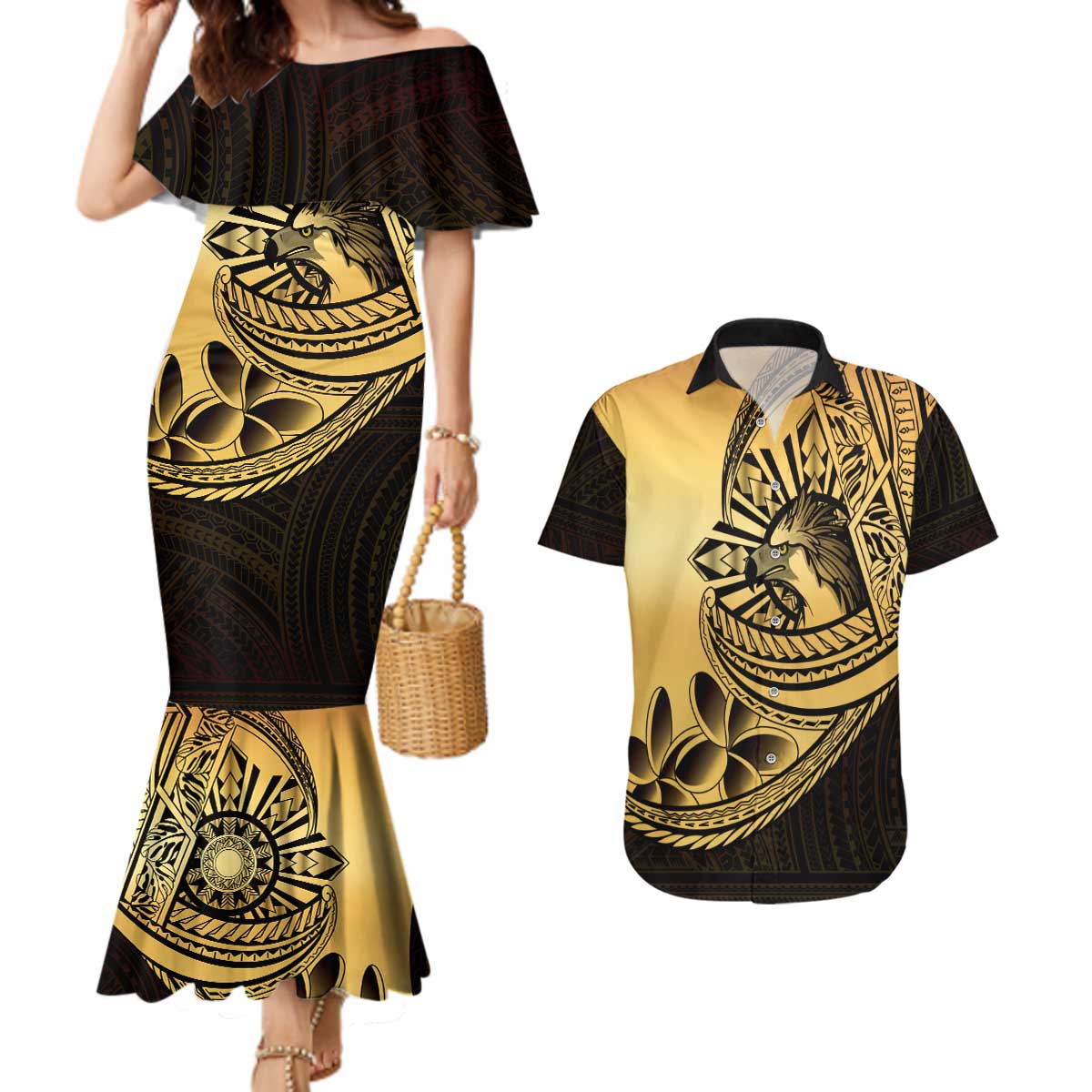 Philippines Eagle Sun Couples Matching Mermaid Dress and Hawaiian Shirt Filipino Agila Polynesian Tattoo Gold Color