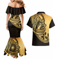 Philippines Eagle Sun Couples Matching Mermaid Dress and Hawaiian Shirt Filipino Agila Polynesian Tattoo Gold Color