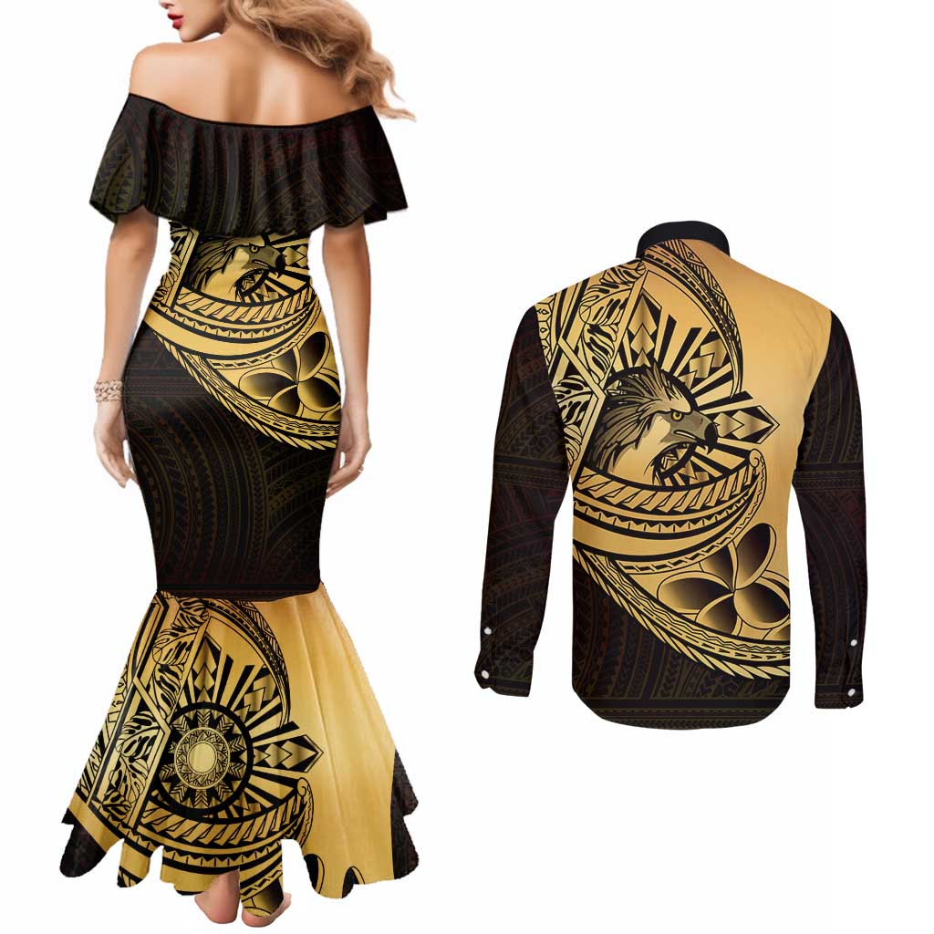 Philippines Eagle Sun Couples Matching Mermaid Dress and Long Sleeve Button Shirt Filipino Agila Polynesian Tattoo Gold Color