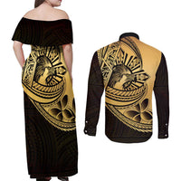 Philippines Eagle Sun Couples Matching Off Shoulder Maxi Dress and Long Sleeve Button Shirt Filipino Agila Polynesian Tattoo Gold Color