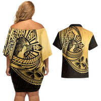 Philippines Eagle Sun Couples Matching Off Shoulder Short Dress and Hawaiian Shirt Filipino Agila Polynesian Tattoo Gold Color