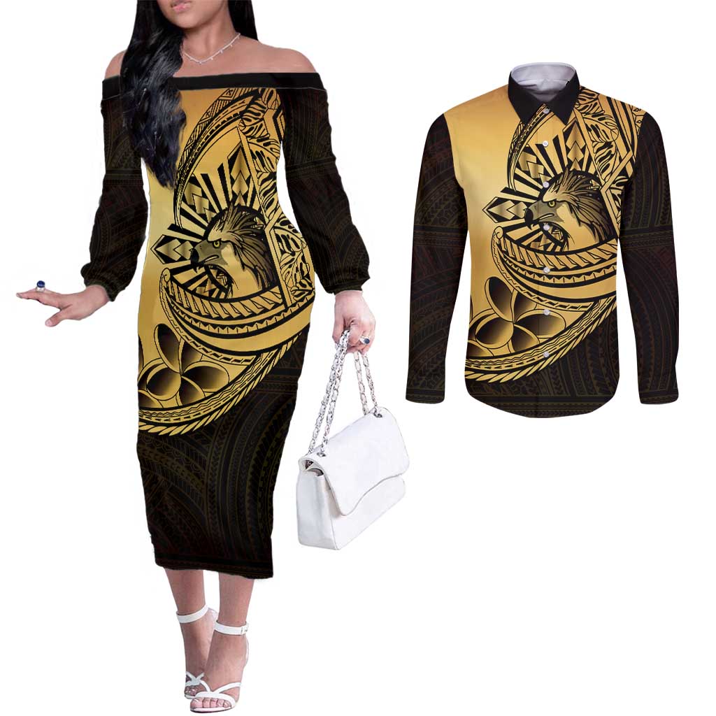 Philippines Eagle Sun Couples Matching Off The Shoulder Long Sleeve Dress and Long Sleeve Button Shirt Filipino Agila Polynesian Tattoo Gold Color