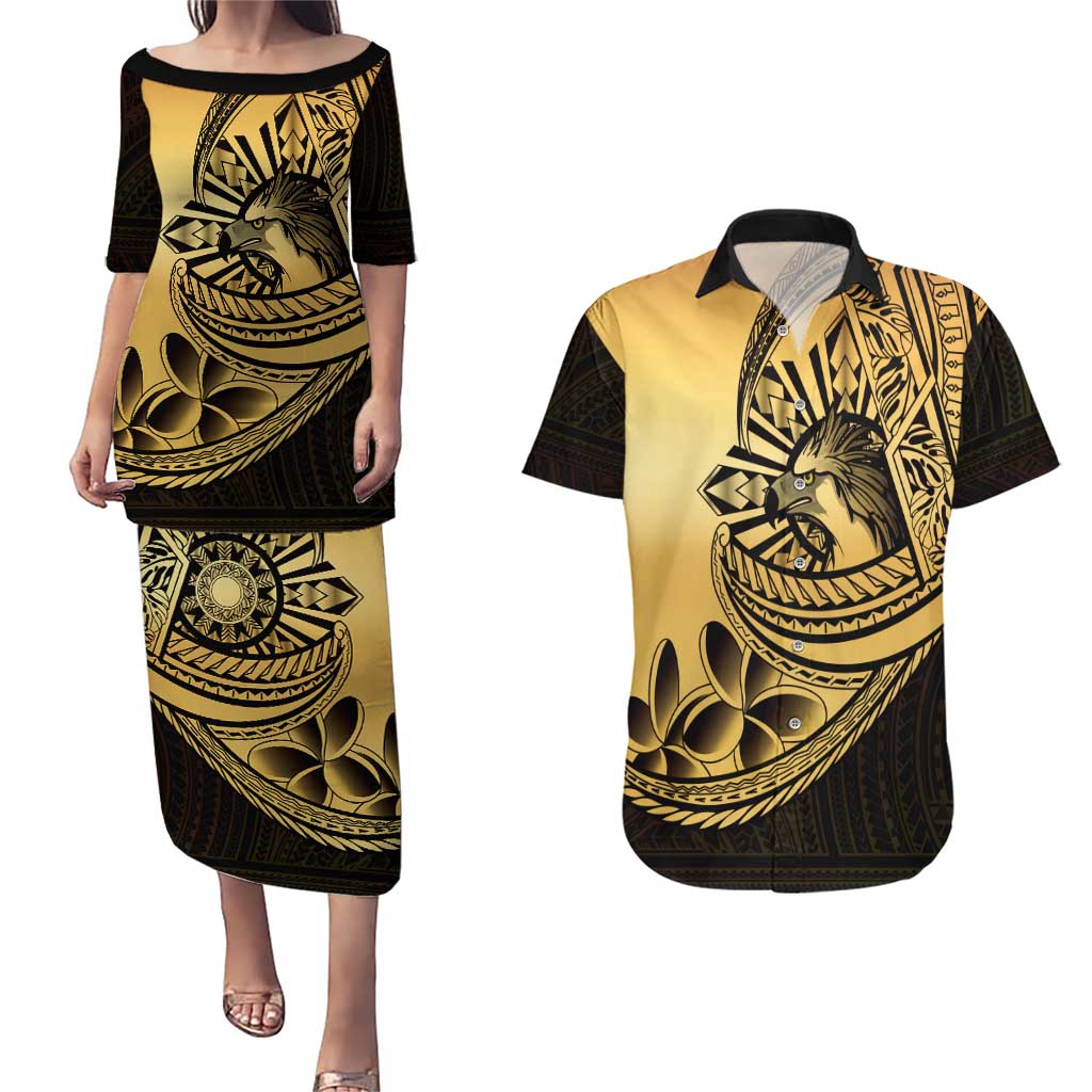 Philippines Eagle Sun Couples Matching Puletasi and Hawaiian Shirt Filipino Agila Polynesian Tattoo Gold Color
