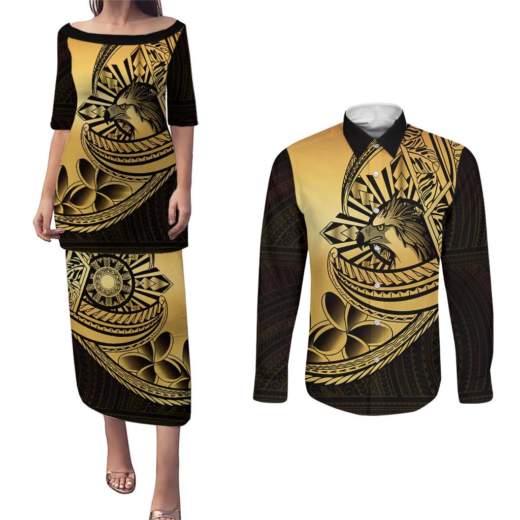 Philippines Eagle Sun Couples Matching Puletasi and Long Sleeve Button Shirt Filipino Agila Polynesian Tattoo Gold Color