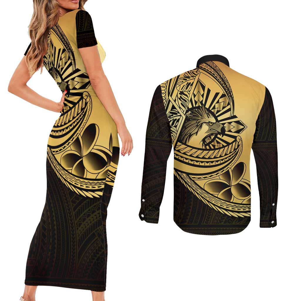 Philippines Eagle Sun Couples Matching Short Sleeve Bodycon Dress and Long Sleeve Button Shirt Filipino Agila Polynesian Tattoo Gold Color