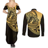 Philippines Eagle Sun Couples Matching Summer Maxi Dress and Long Sleeve Button Shirt Filipino Agila Polynesian Tattoo Gold Color