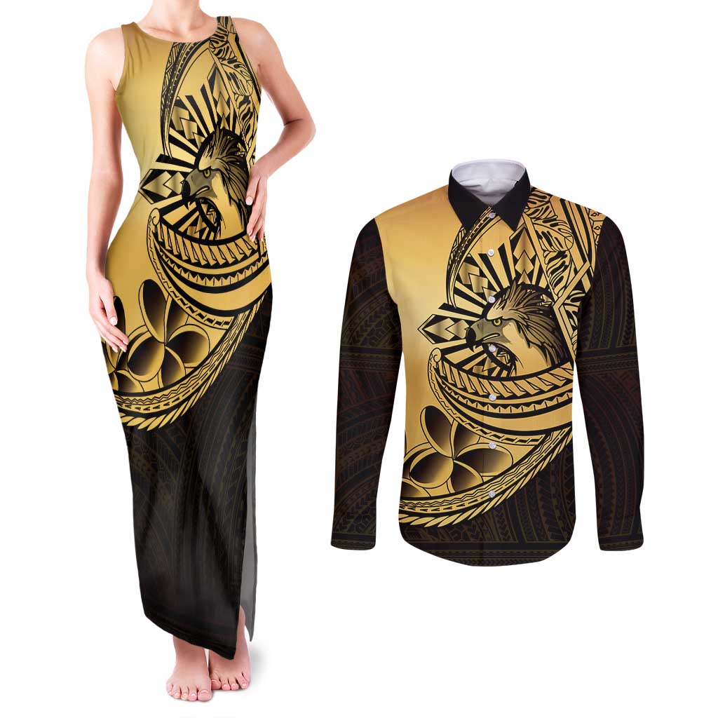 Philippines Eagle Sun Couples Matching Tank Maxi Dress and Long Sleeve Button Shirt Filipino Agila Polynesian Tattoo Gold Color