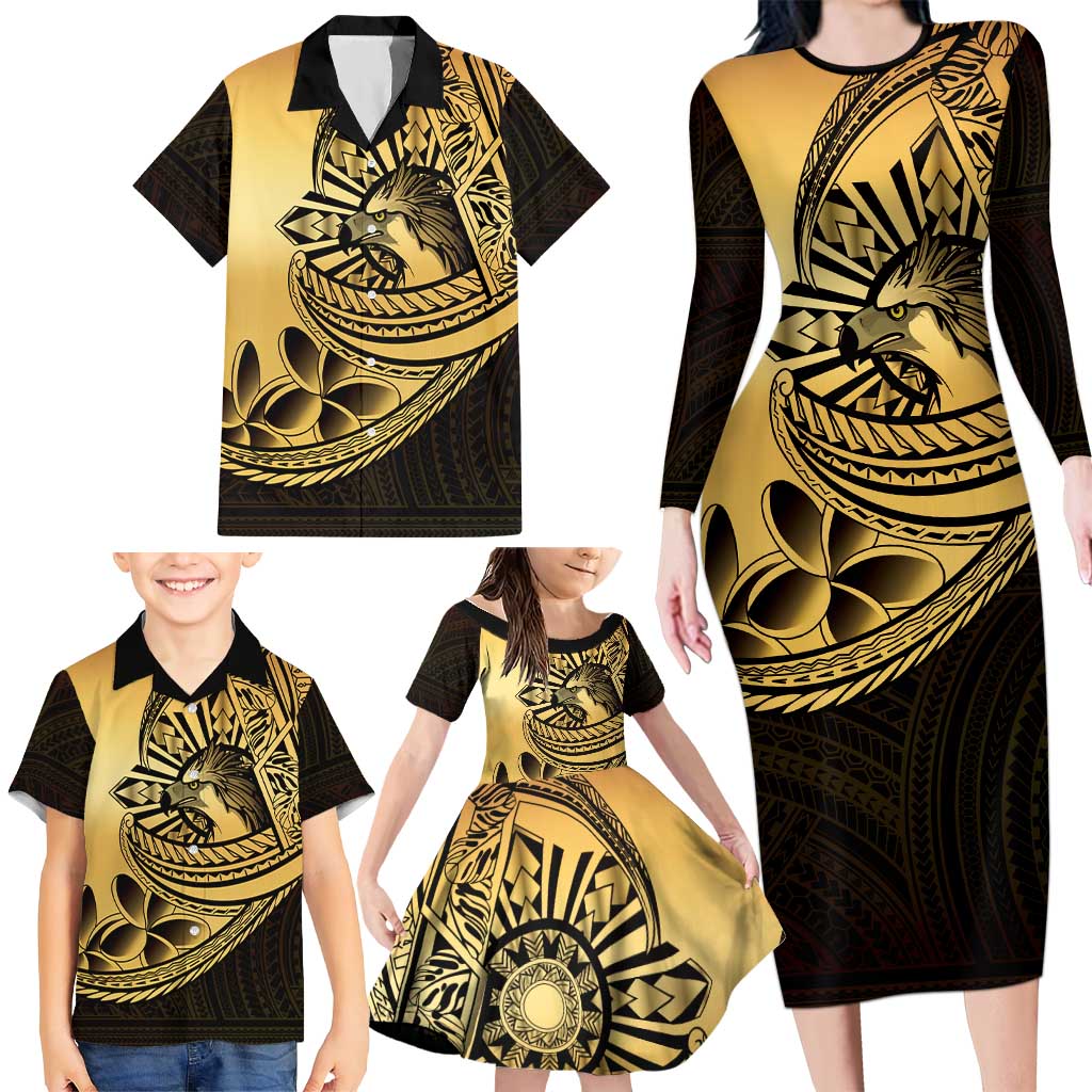 Philippines Eagle Sun Family Matching Long Sleeve Bodycon Dress and Hawaiian Shirt Filipino Agila Polynesian Tattoo Gold Color