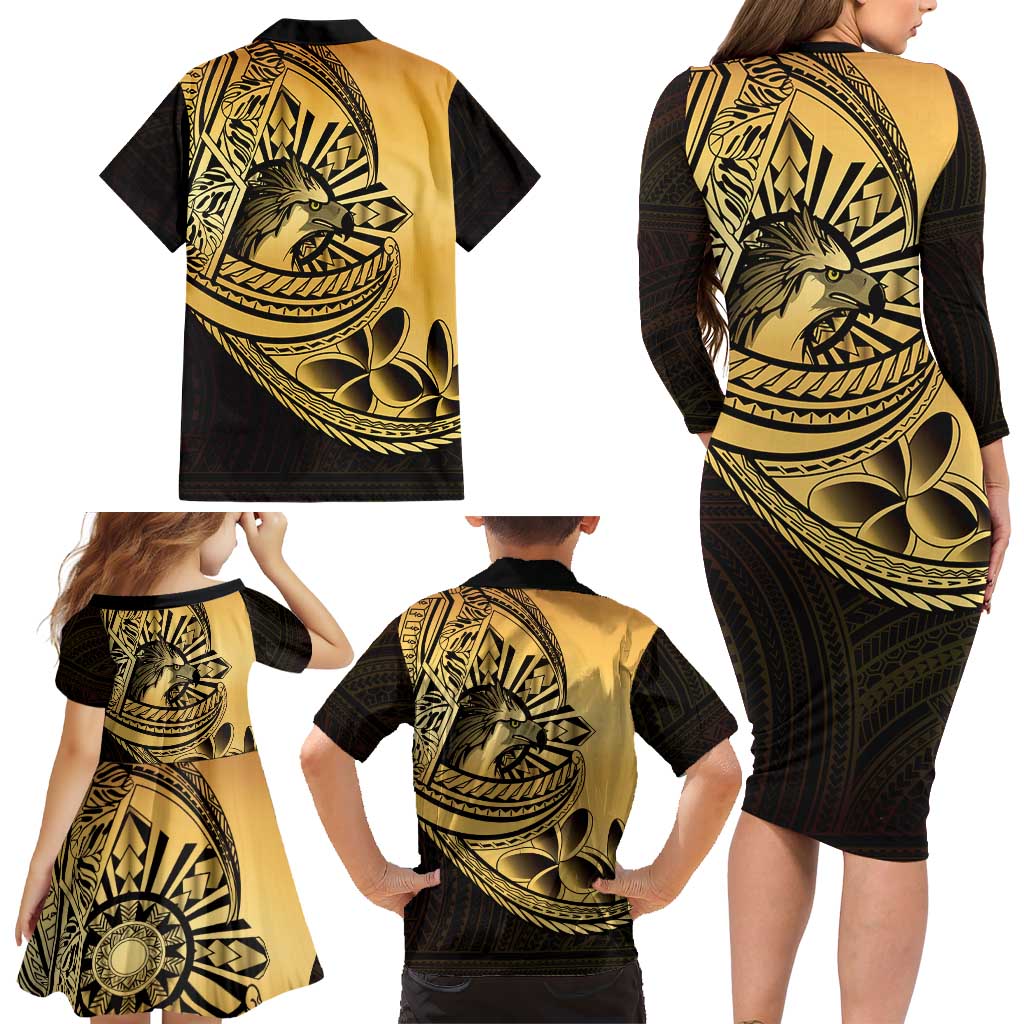 Philippines Eagle Sun Family Matching Long Sleeve Bodycon Dress and Hawaiian Shirt Filipino Agila Polynesian Tattoo Gold Color
