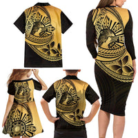 Philippines Eagle Sun Family Matching Long Sleeve Bodycon Dress and Hawaiian Shirt Filipino Agila Polynesian Tattoo Gold Color