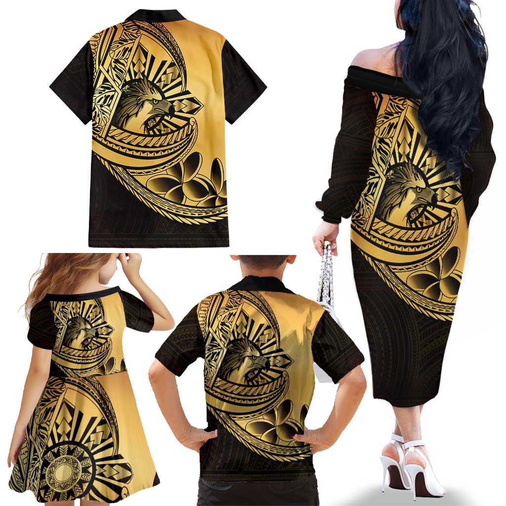 Philippines Eagle Sun Family Matching Off The Shoulder Long Sleeve Dress and Hawaiian Shirt Filipino Agila Polynesian Tattoo Gold Color