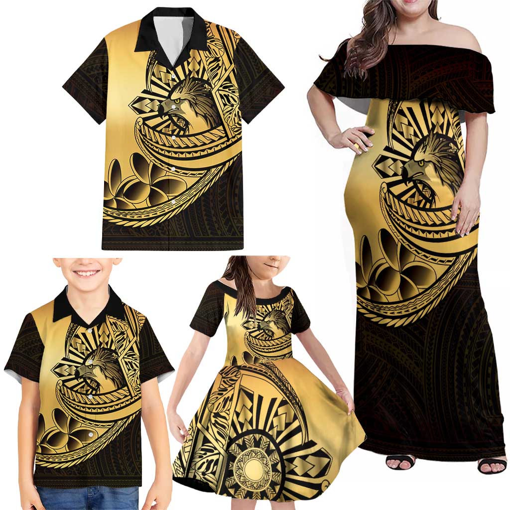 Philippines Eagle Sun Family Matching Off Shoulder Maxi Dress and Hawaiian Shirt Filipino Agila Polynesian Tattoo Gold Color