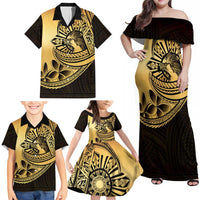 Philippines Eagle Sun Family Matching Off Shoulder Maxi Dress and Hawaiian Shirt Filipino Agila Polynesian Tattoo Gold Color