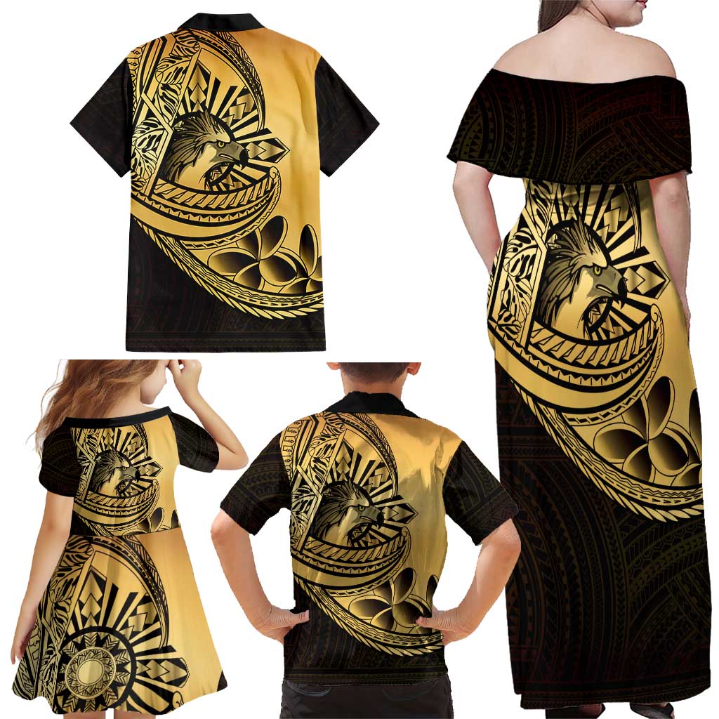 Philippines Eagle Sun Family Matching Off Shoulder Maxi Dress and Hawaiian Shirt Filipino Agila Polynesian Tattoo Gold Color