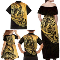 Philippines Eagle Sun Family Matching Off Shoulder Maxi Dress and Hawaiian Shirt Filipino Agila Polynesian Tattoo Gold Color