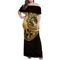 Philippines Eagle Sun Family Matching Off Shoulder Maxi Dress and Hawaiian Shirt Filipino Agila Polynesian Tattoo Gold Color