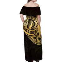 Philippines Eagle Sun Family Matching Off Shoulder Maxi Dress and Hawaiian Shirt Filipino Agila Polynesian Tattoo Gold Color